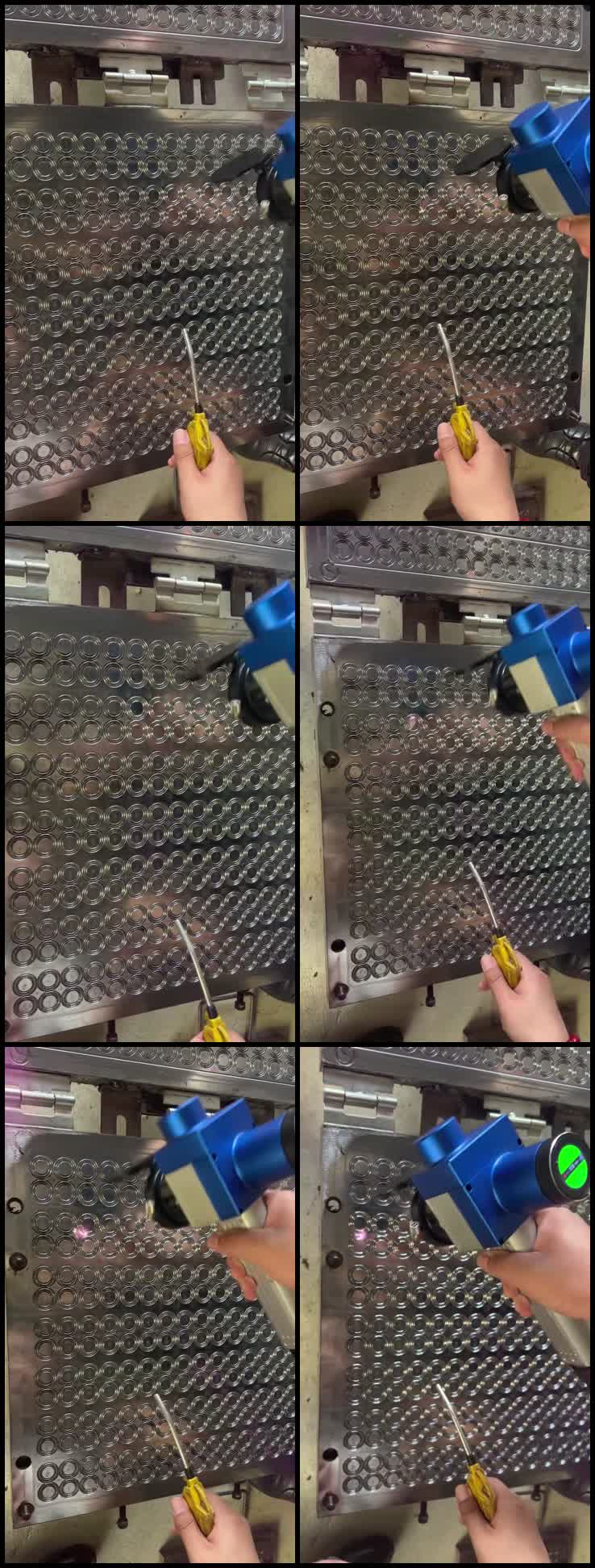 Close-up laser cleaning demonstration on a detailed metal mold